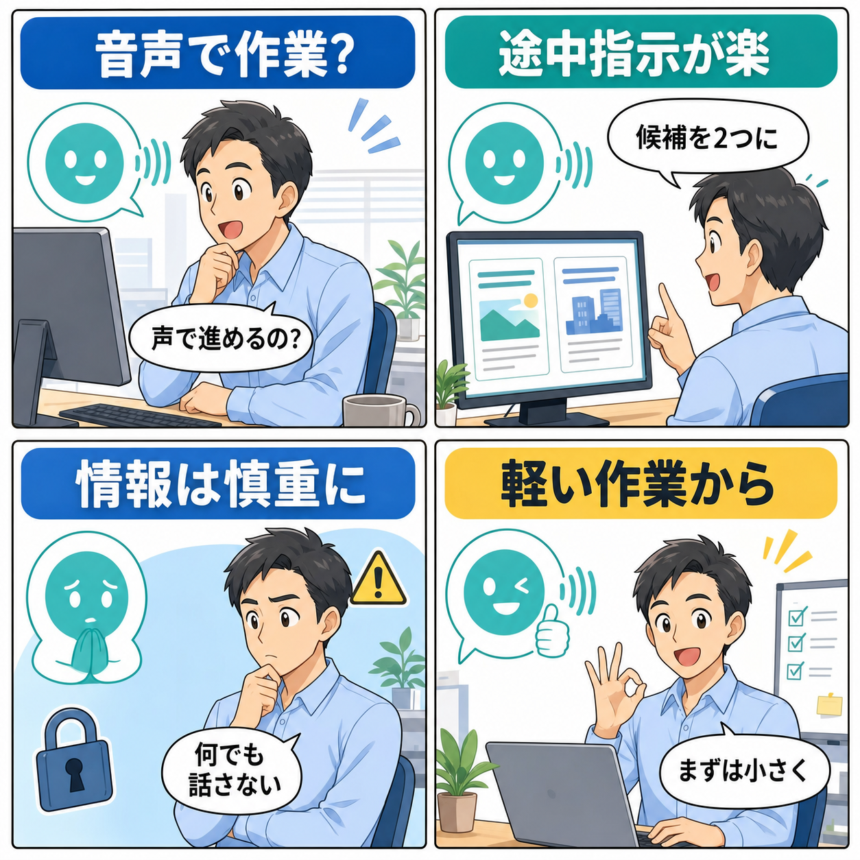 ChatGPT Voiceで作業を進める流れを4コマで整理した図