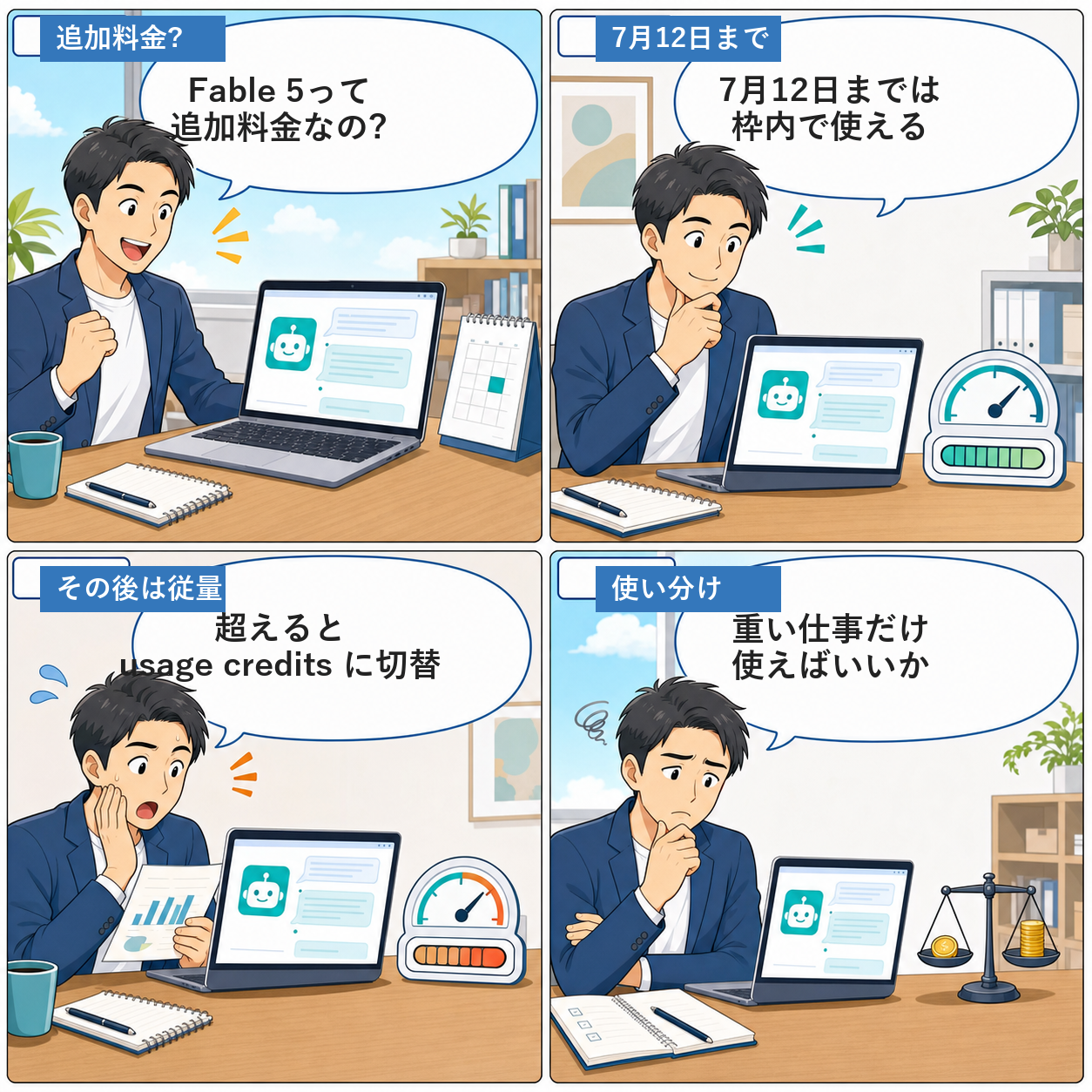 Claude Fable 5の追加課金をテーマにした4コマ漫画