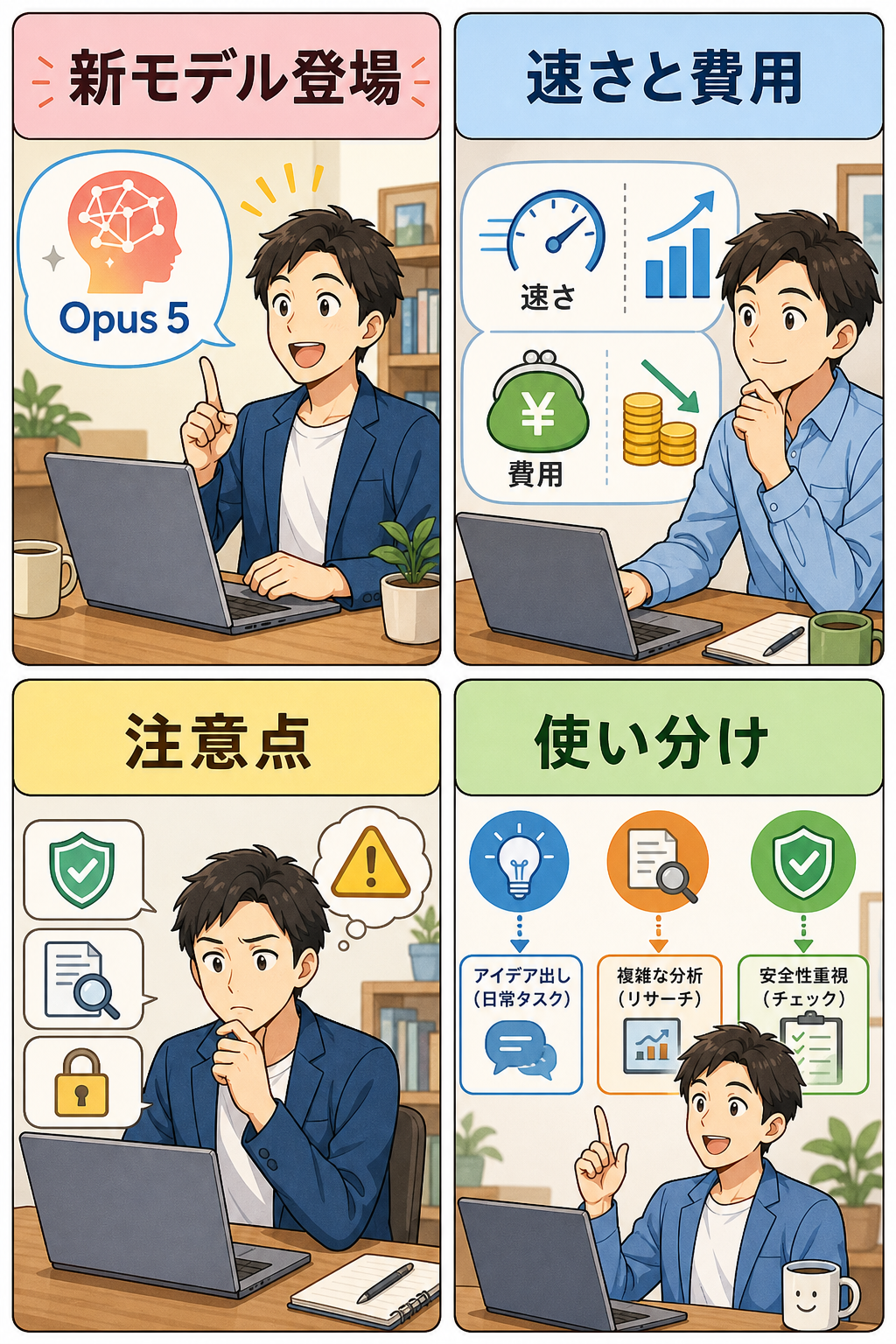 Claude Opus 5とAI費用の4コマ解説