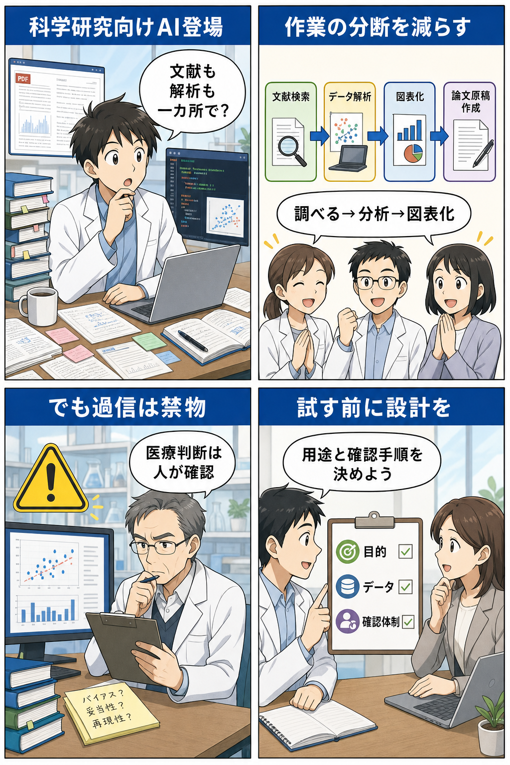 4コマ漫画: Claude Scienceの特徴と注意点を研究者目線で整理した図