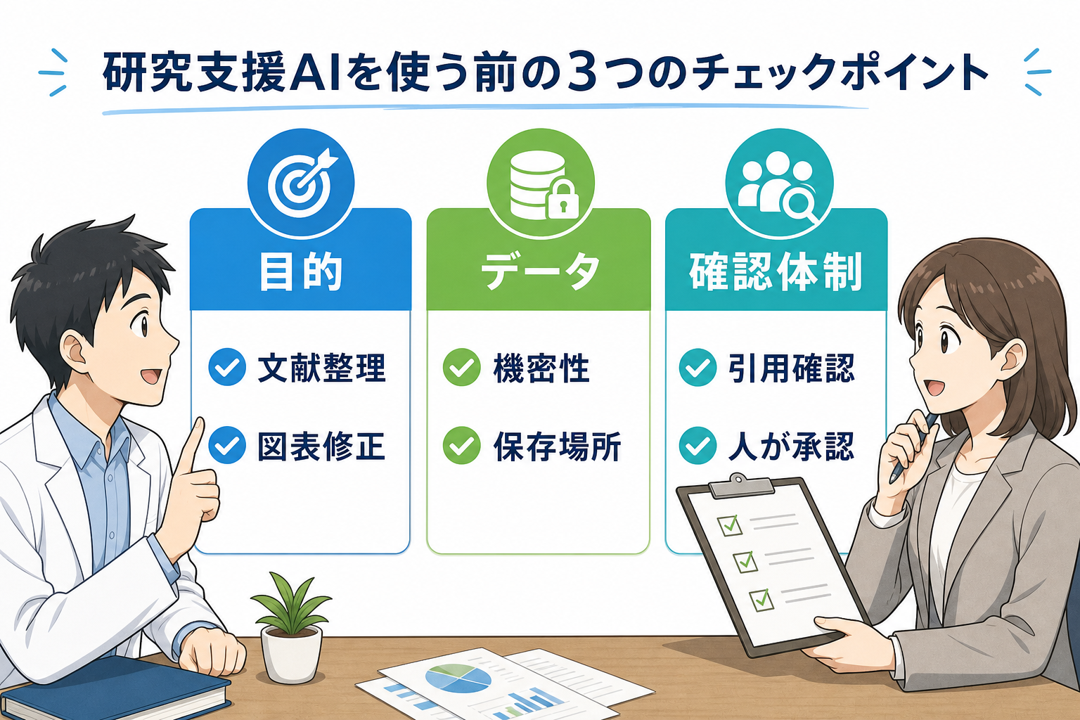 研究支援AIの導入前チェック図: 用途、データ管理、確認体制を三つの軸で整理