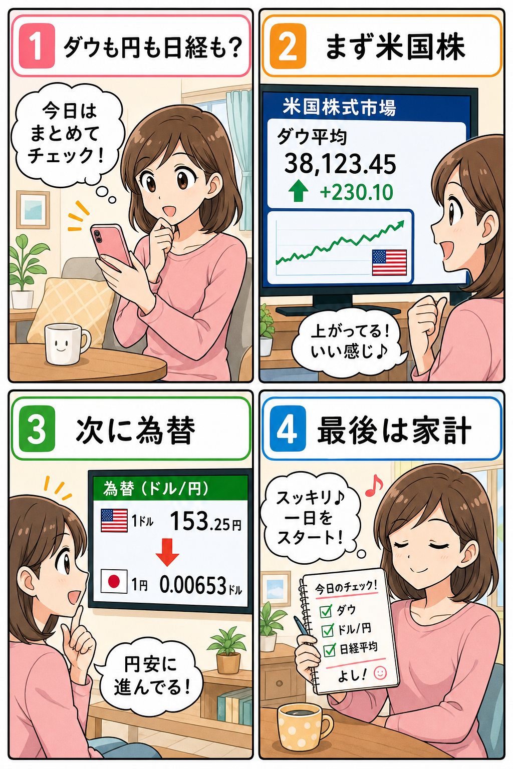 ダウとドル円と日経平均の確認順を示す4コマ漫画