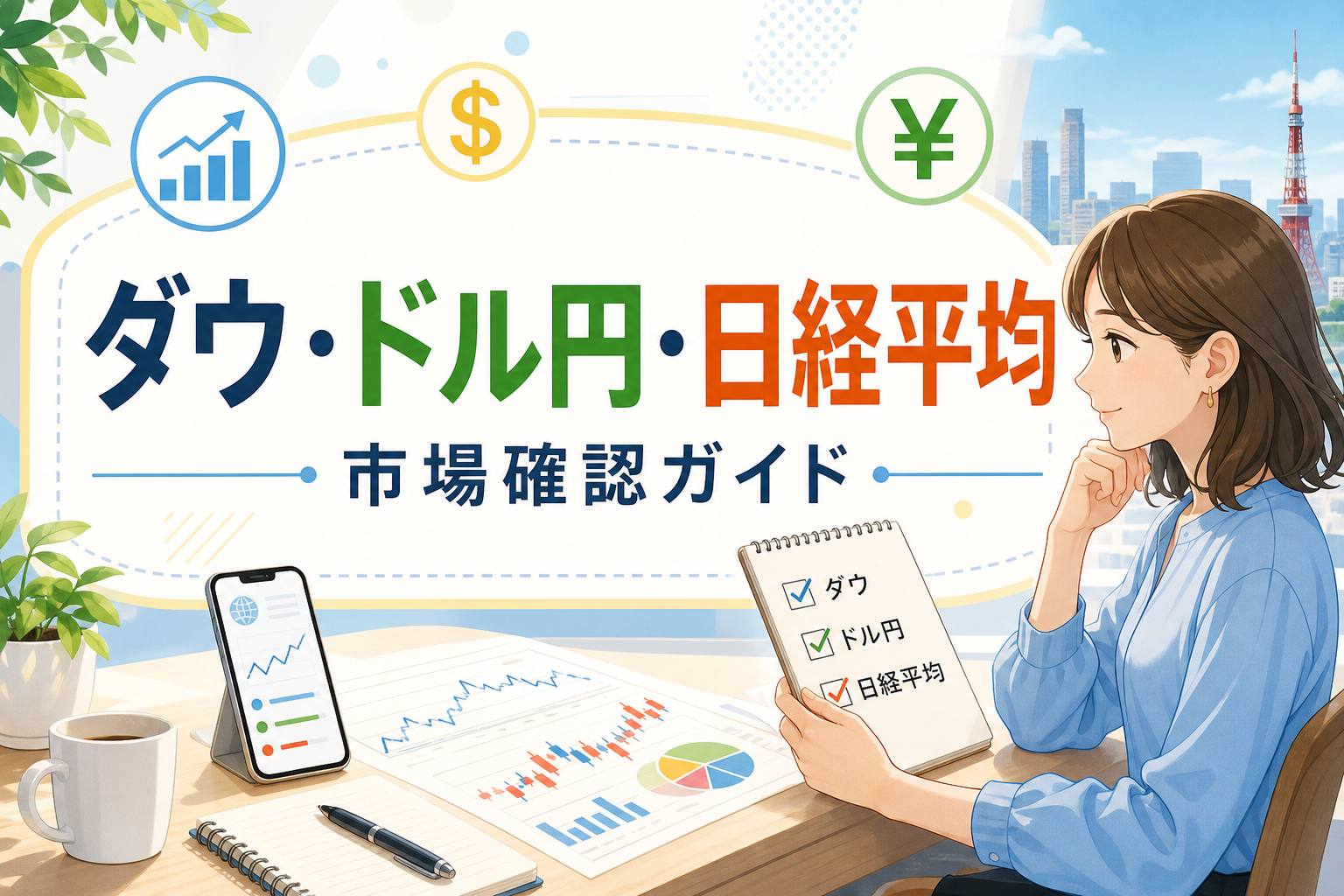 ダウとドル円と日経平均を確認する市場ガイド画像