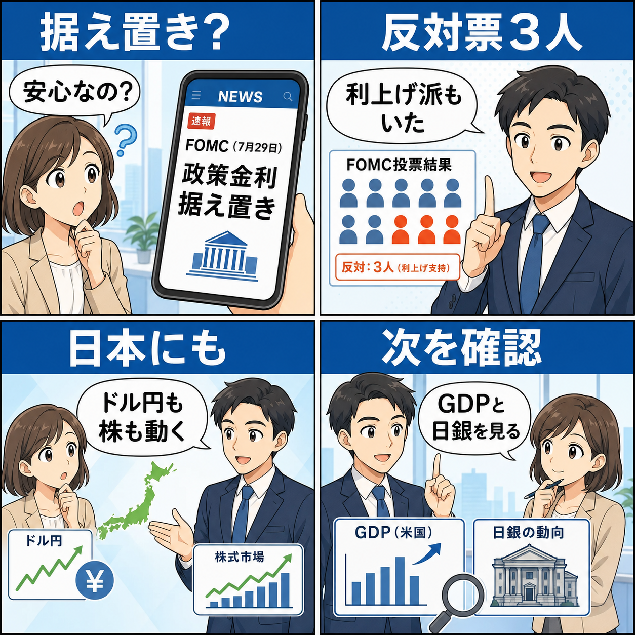 FOMC据え置きと反対票3人の意味を会話で整理する4コマ漫画