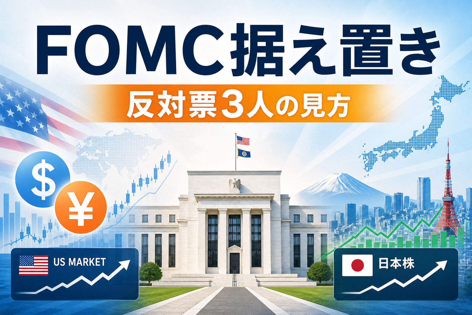 FOMC据え置きとドル円、日本株への影響を示すアイキャッチ