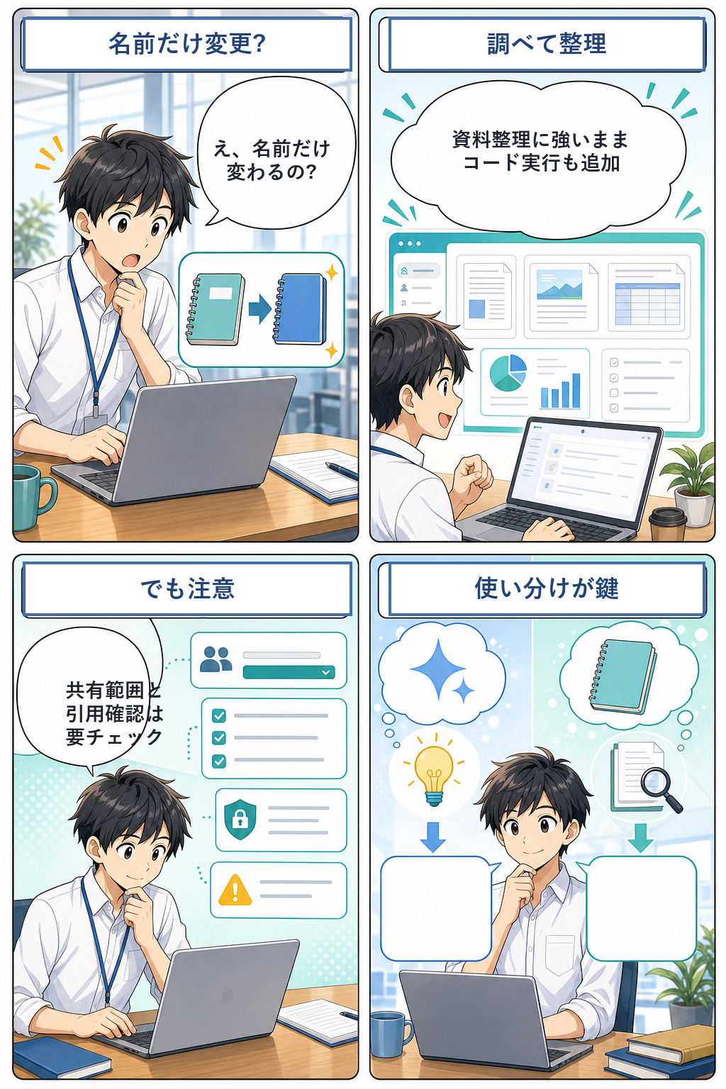 Gemini Notebookへの改称で研究と要点整理の流れが変わることを伝える4コマ漫画