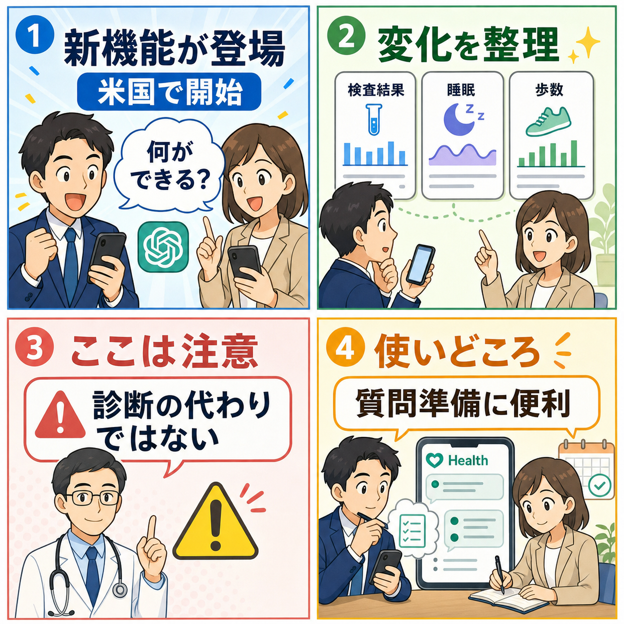 Health in ChatGPTの概要を4コマで整理した説明漫画