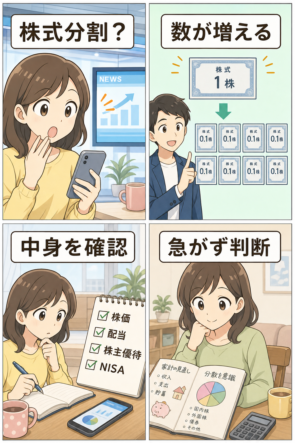 ほくほくFGの株式分割を確認する4コマ漫画