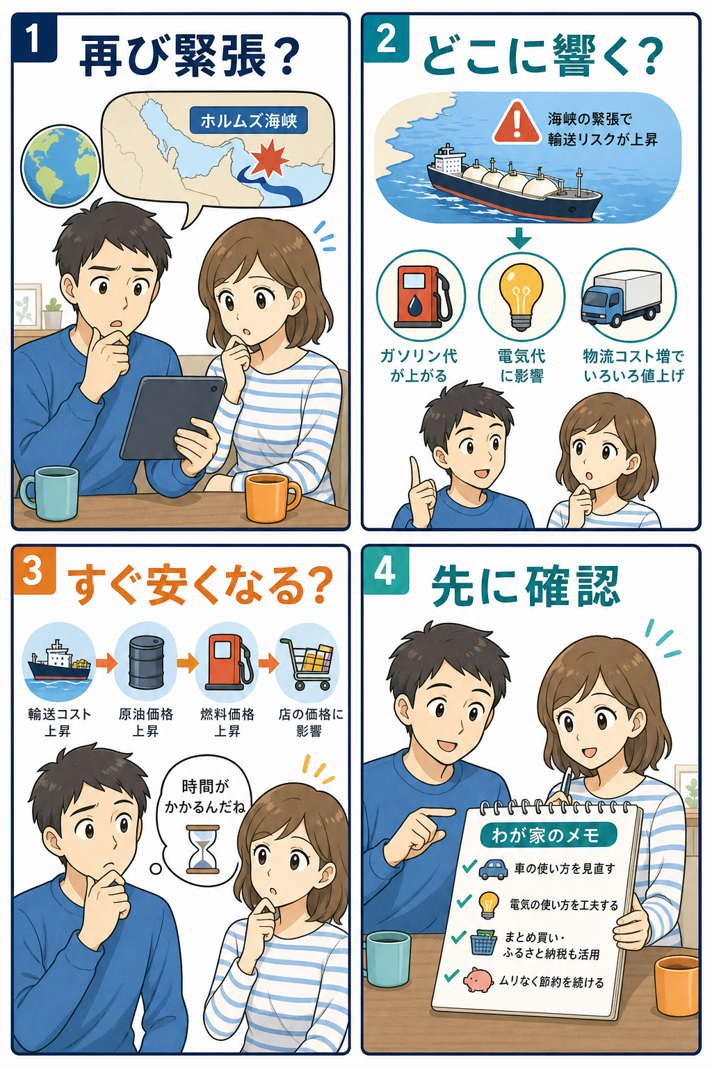 ホルムズ海峡の緊張と家計への影響を整理する4コマ漫画