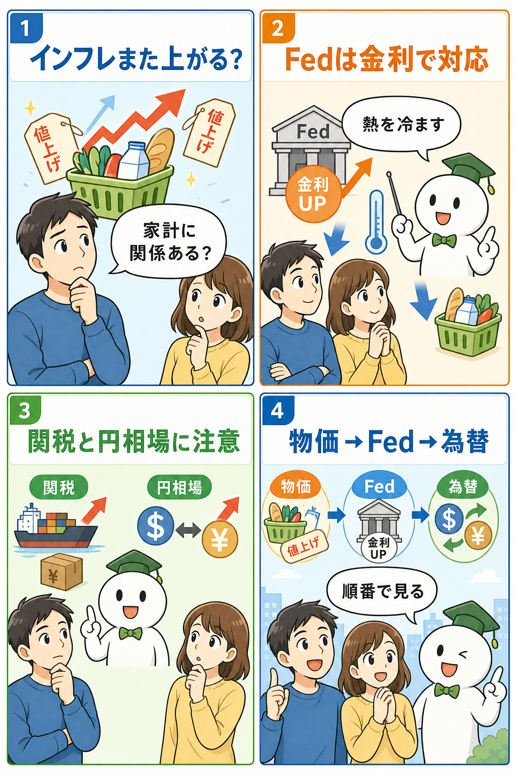 インフレと関税の関係をやさしく整理する4コマ漫画
