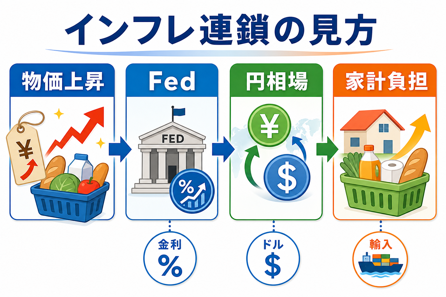 インフレから金利と家計負担へつながる流れを示した図解