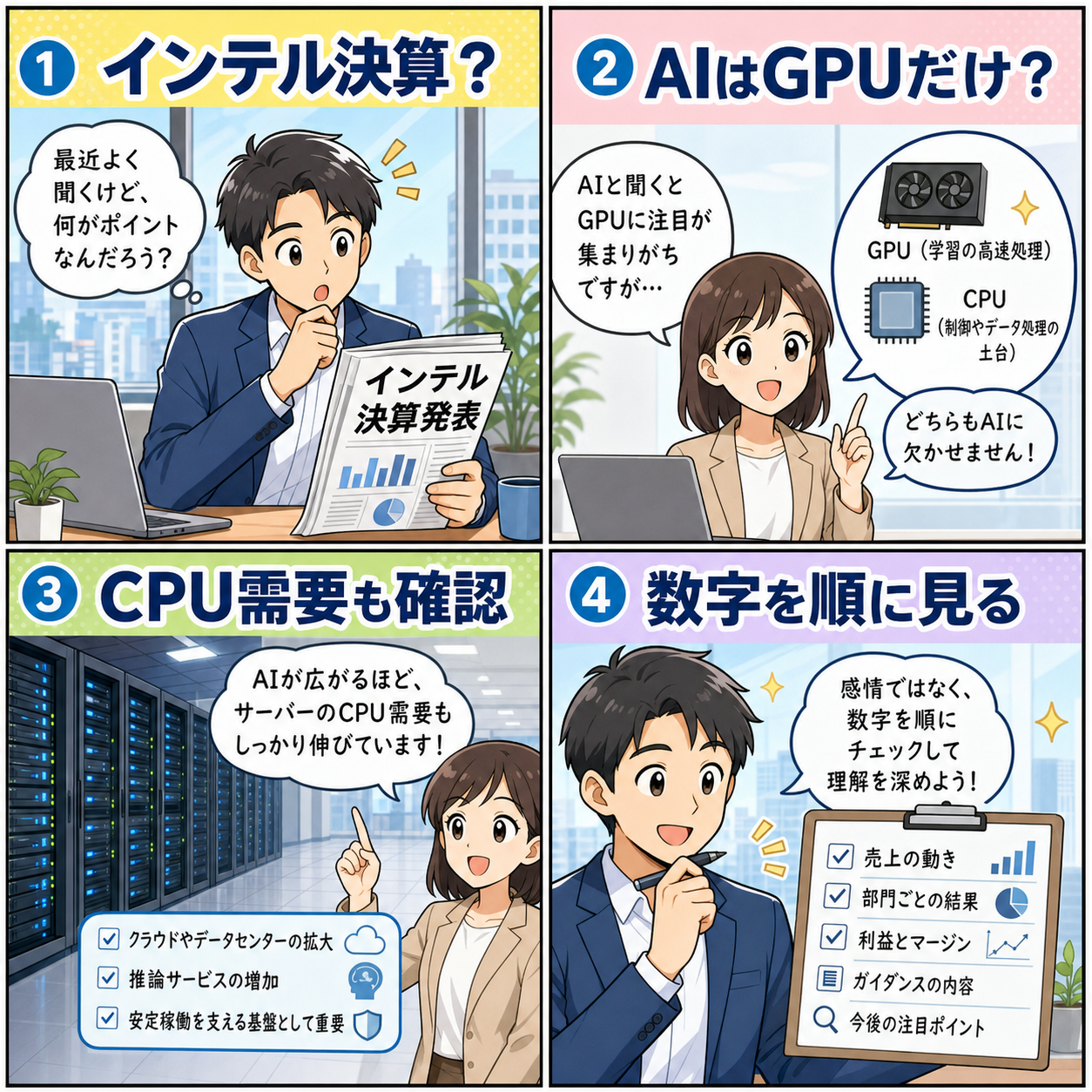 インテル決算とAIサーバーCPU需要を説明する4コマ漫画