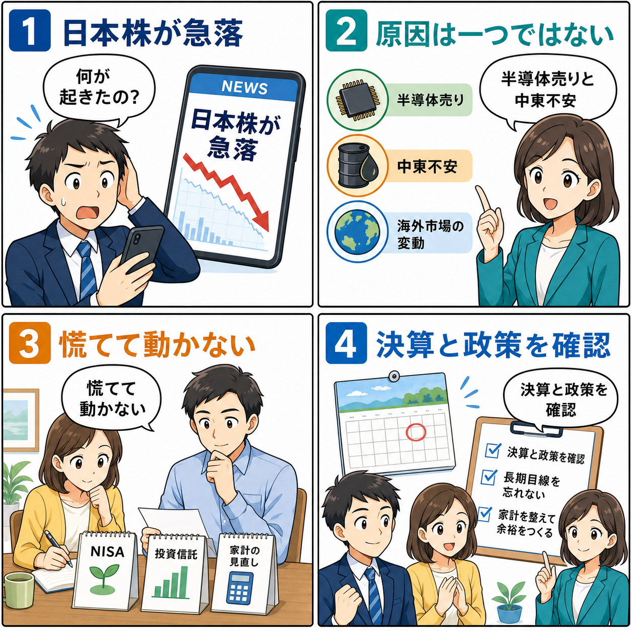 日経平均急落の背景と確認ポイントを4コマで整理した漫画