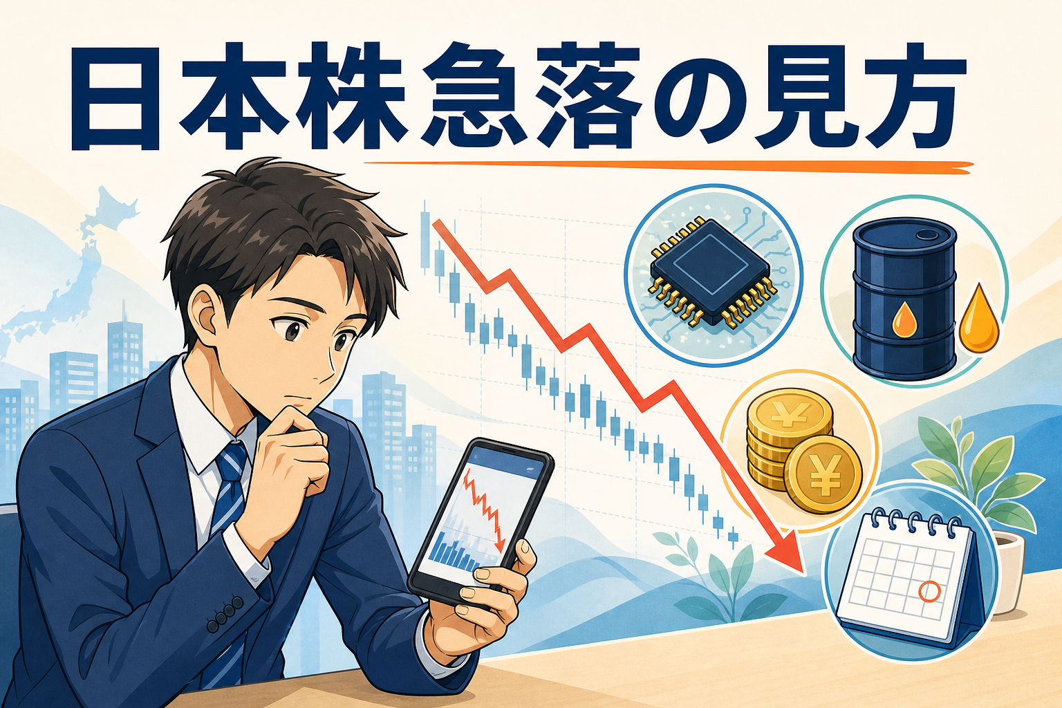 日経平均急落の背景と家計への影響を整理したアイキャッチ画像