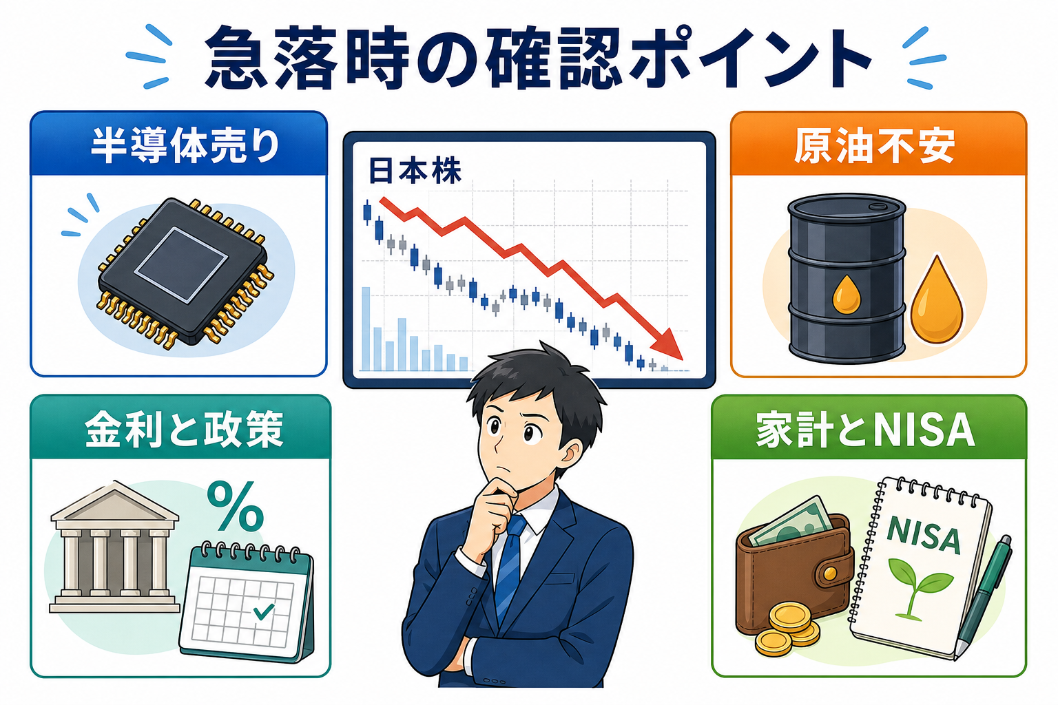 日本株急落の背景として半導体売り、原油不安、金利警戒、確認ポイントを整理した図解
