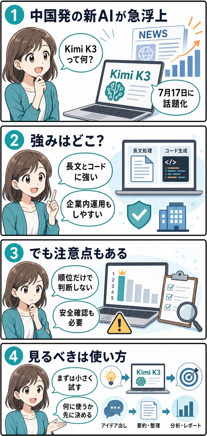 Kimi K3の登場とAI競争の変化を4コマで整理したイラスト