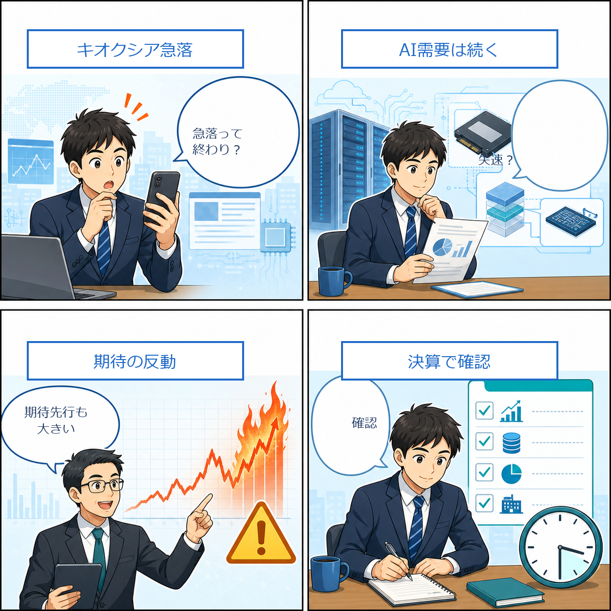キオクシア急落の見方を整理する4コマ漫画