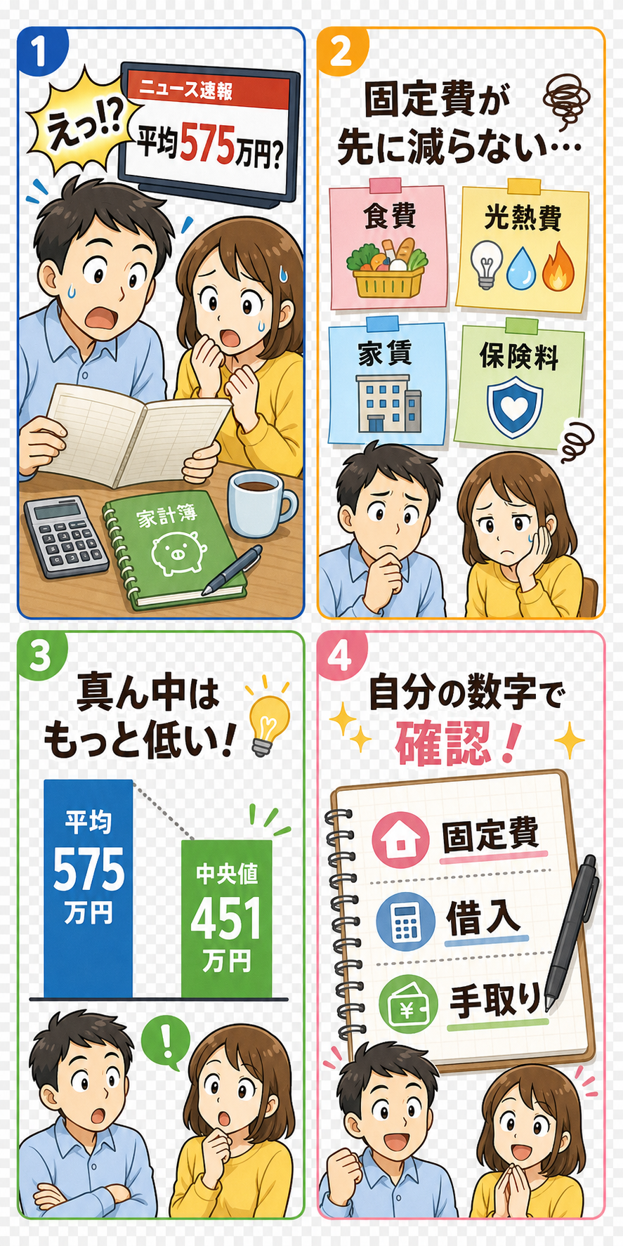 平均所得と生活苦しい感覚のずれを描く4コマ漫画