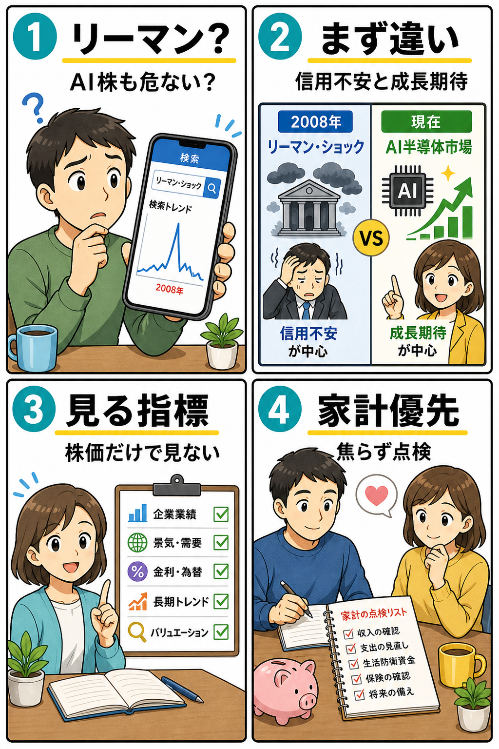 リーマン・ショック検索とAI相場の違いを4コマで整理した漫画