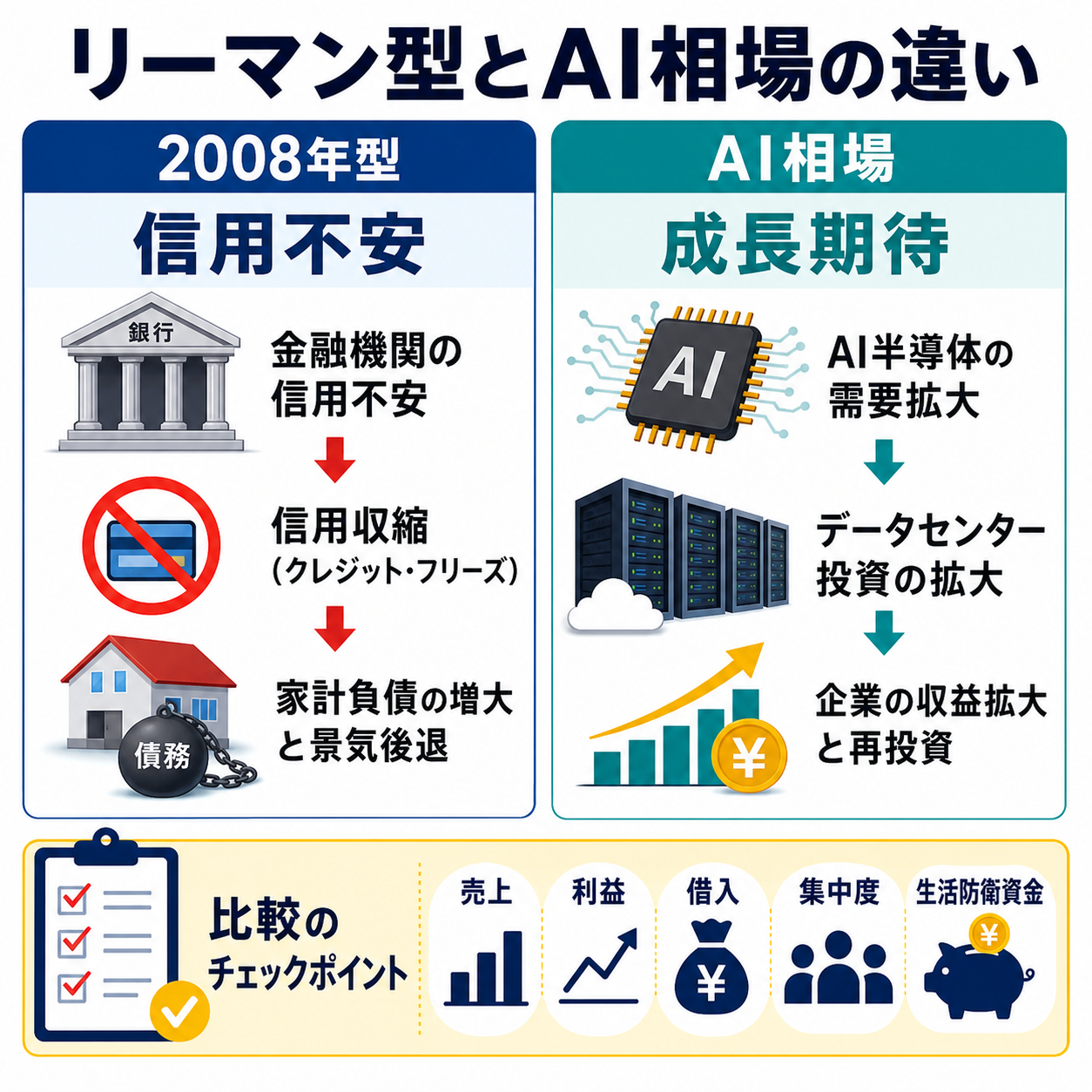 リーマン型の信用不安とAI相場の成長期待を比較した図解