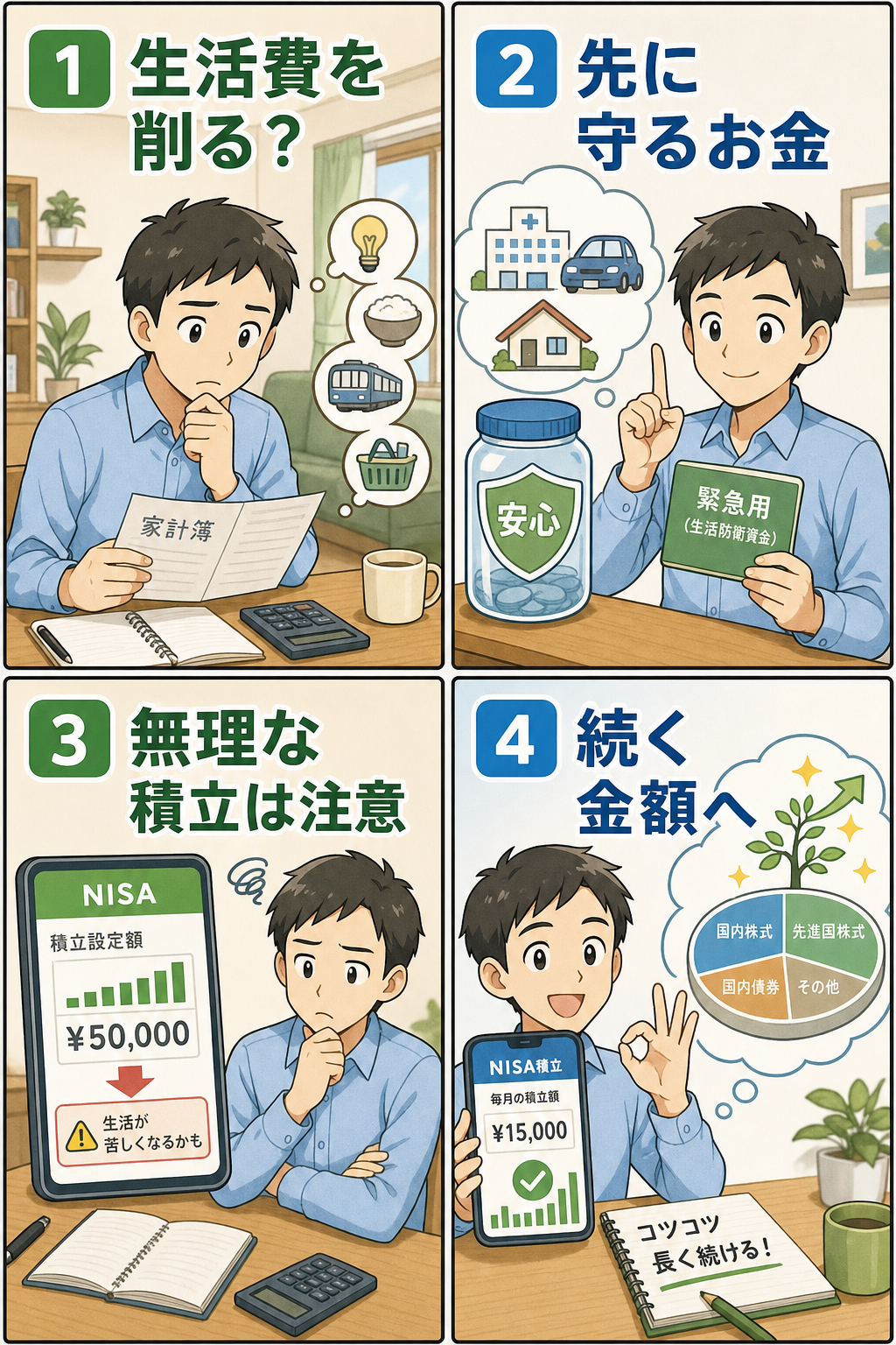 生活費とNISA積立額の見直しを描く4コマ漫画