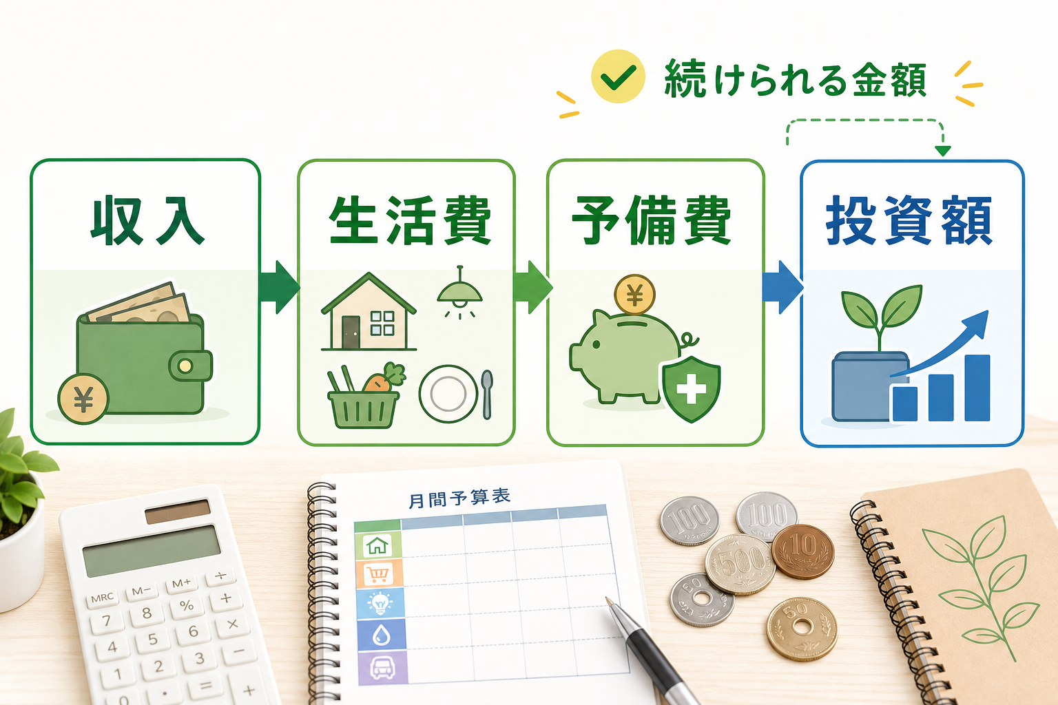 生活費と予備費を確認してNISA投資額を決める図解