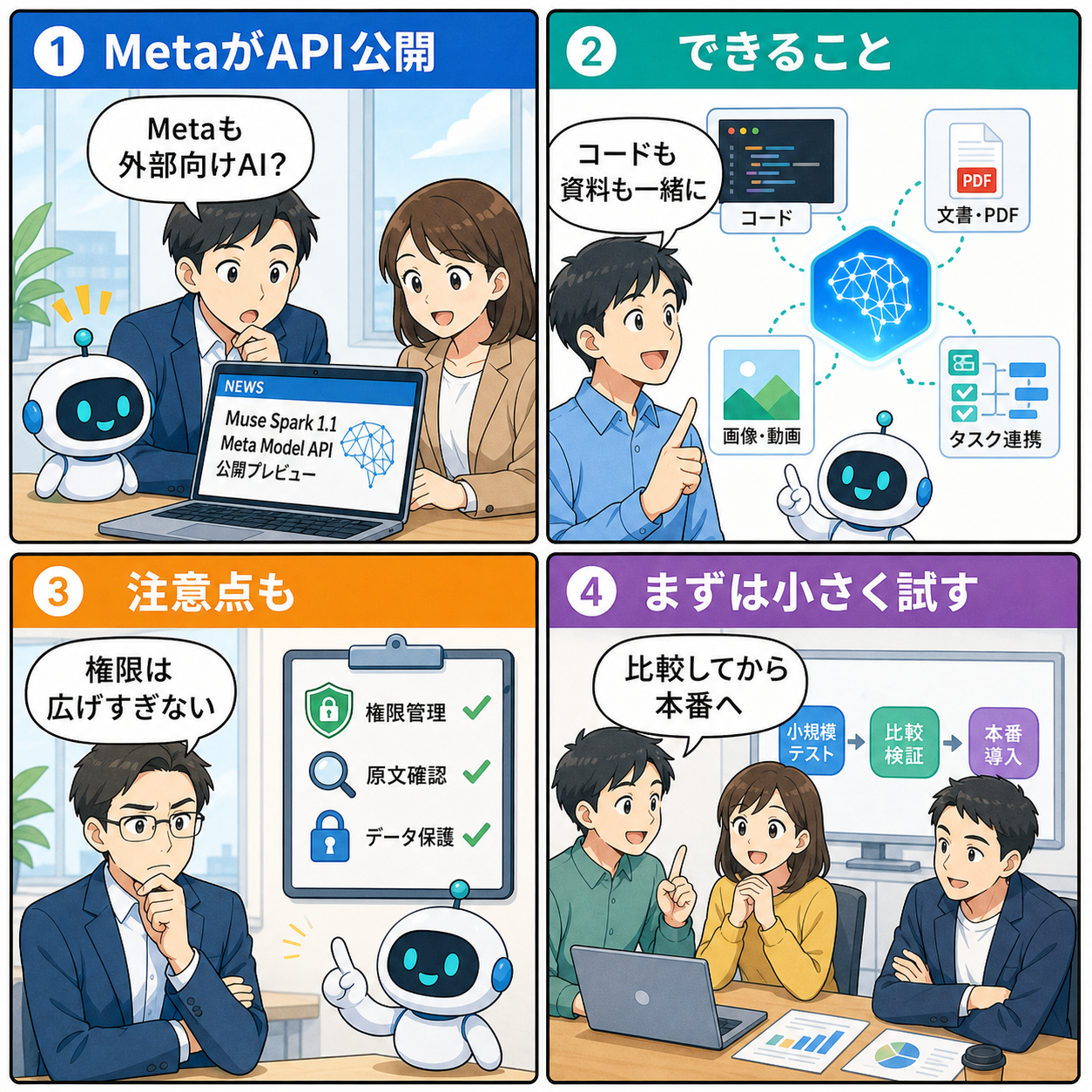 MetaのMuse Spark 1.1公開をやさしく整理した4コマ漫画