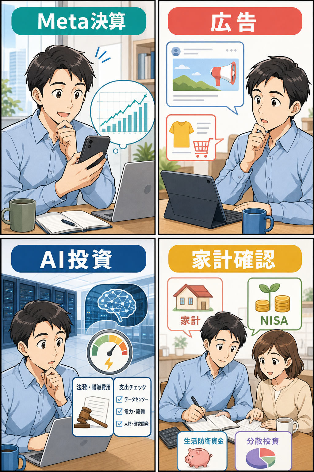 Meta決算とAI投資を家計確認につなげる4コマ漫画