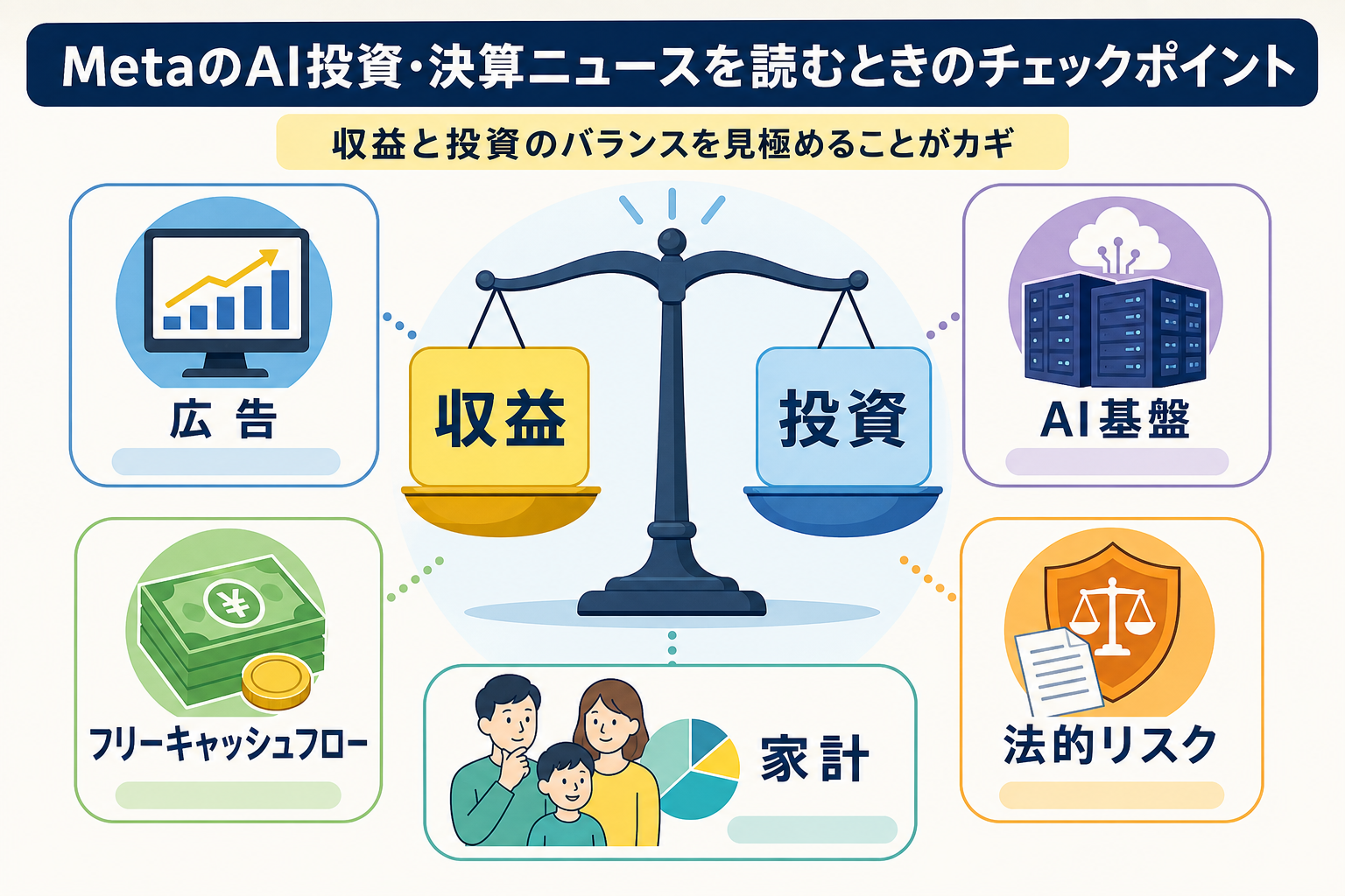 Metaの収益とAI投資を比較する確認ポイント図