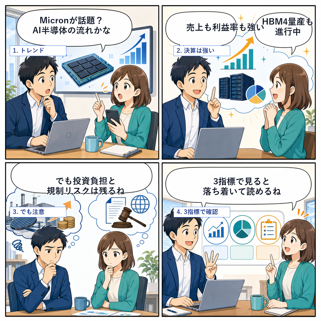 Micron決算の見方をやさしく整理する4コマ漫画