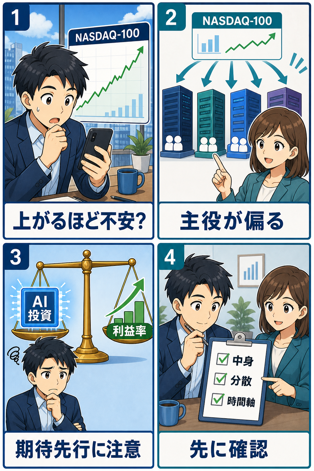 ナスダック100とAI相場の見方を4コマで整理したイラスト