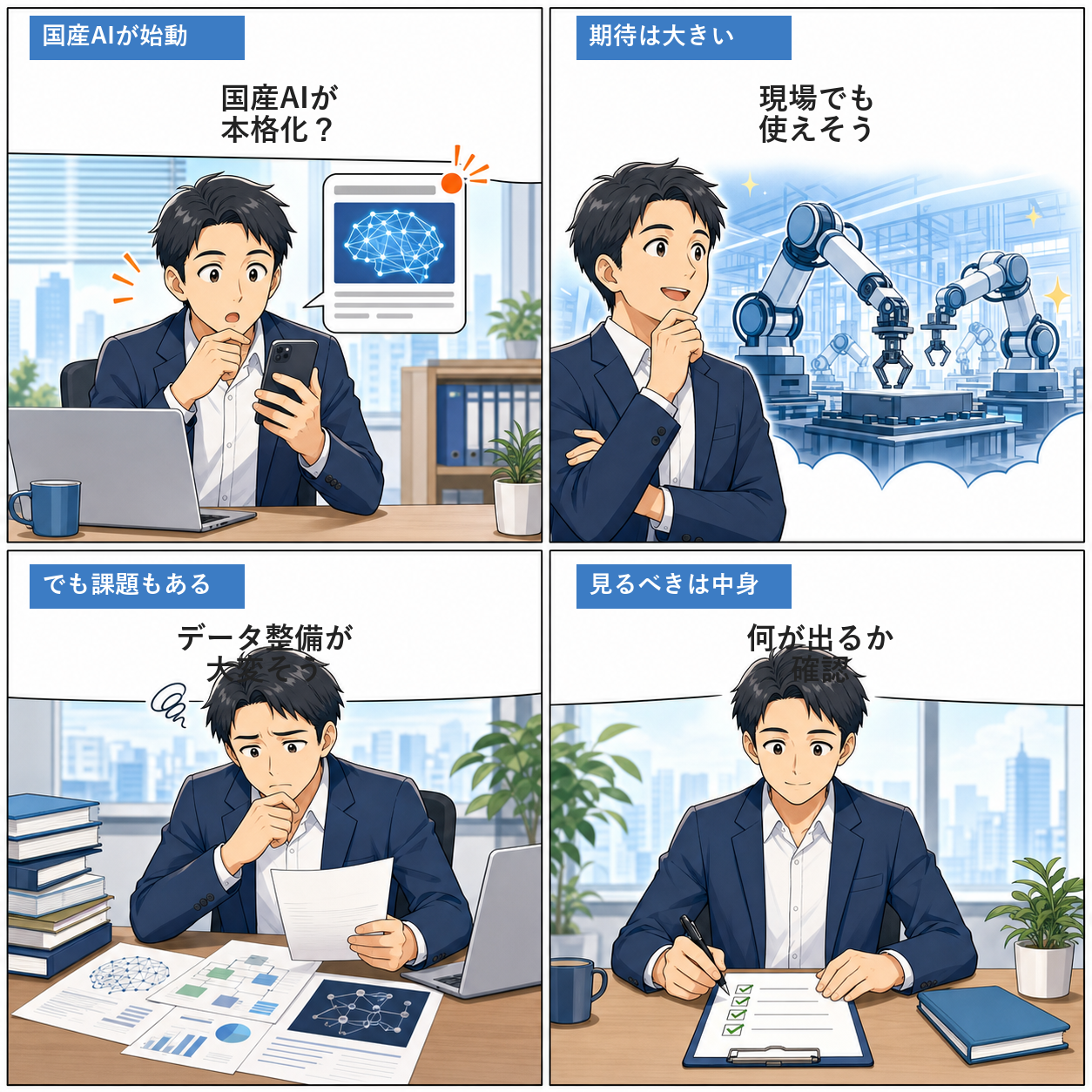 Noetraと国産AI基盤の実用化ポイントをまとめた4コマ漫画