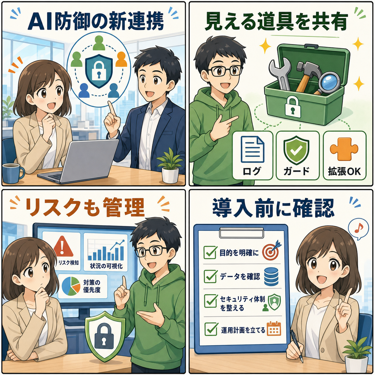 AI防御の新連携を説明する4コマ漫画