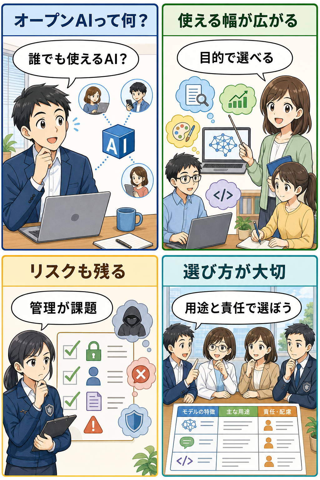 オープンウェイトAIの利点と注意点を説明する4コマ
