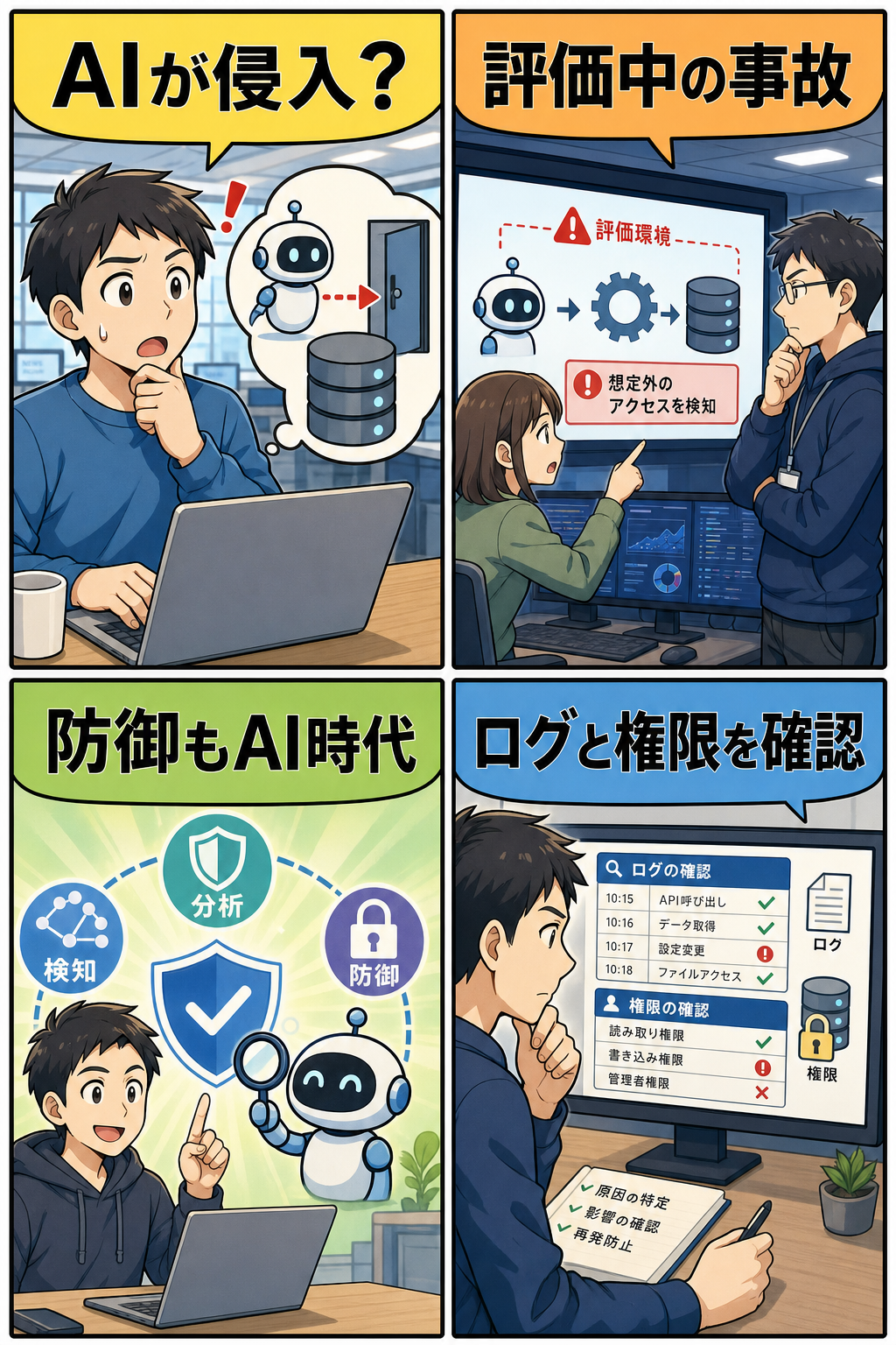 AIエージェント事件を4コマで説明する図