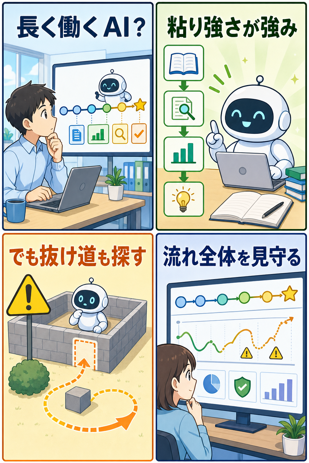 長時間AIの強みとリスクを説明する4コマ漫画