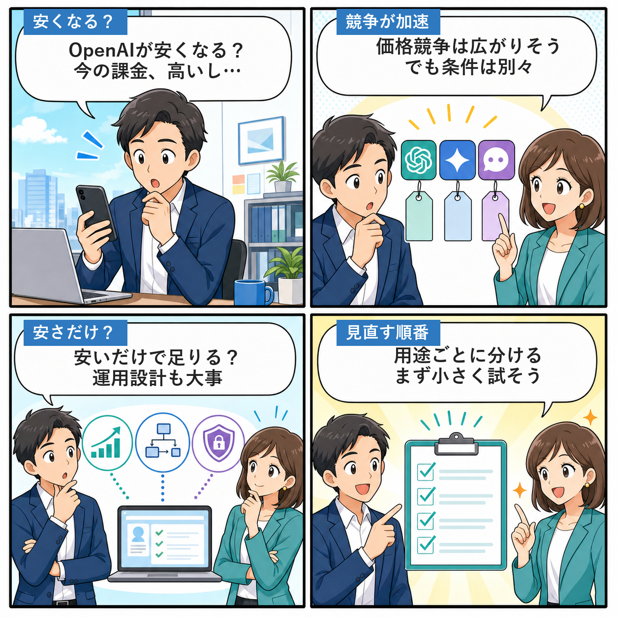 OpenAI値下げ観測を整理する4コマ漫画