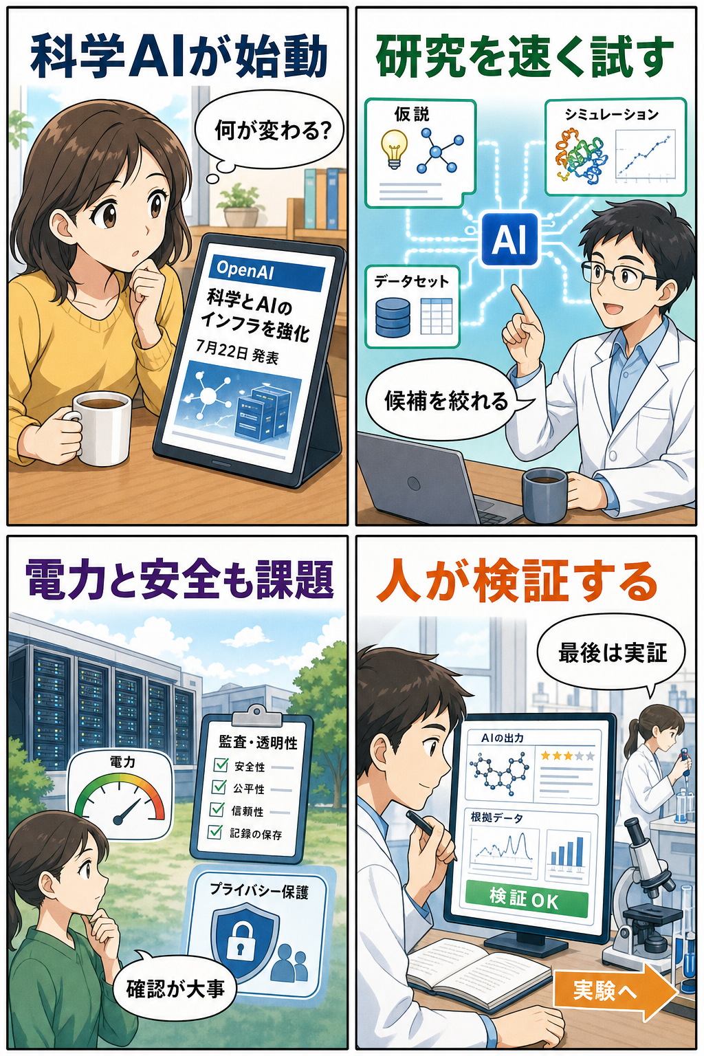 OpenAIの科学AIインフラ発表を説明する4コマ漫画