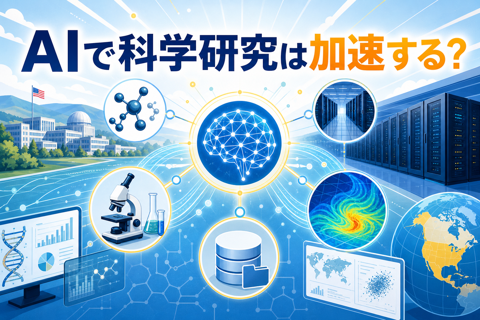 科学研究を支えるAIとデータセンターの図解