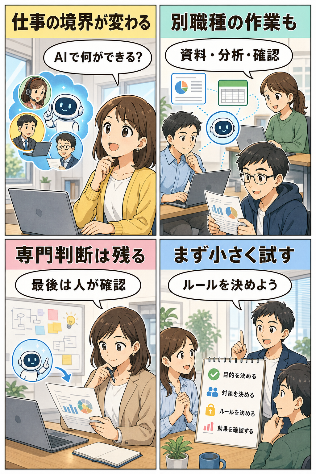 AIで仕事の境界が変わる様子を説明する4コマ漫画