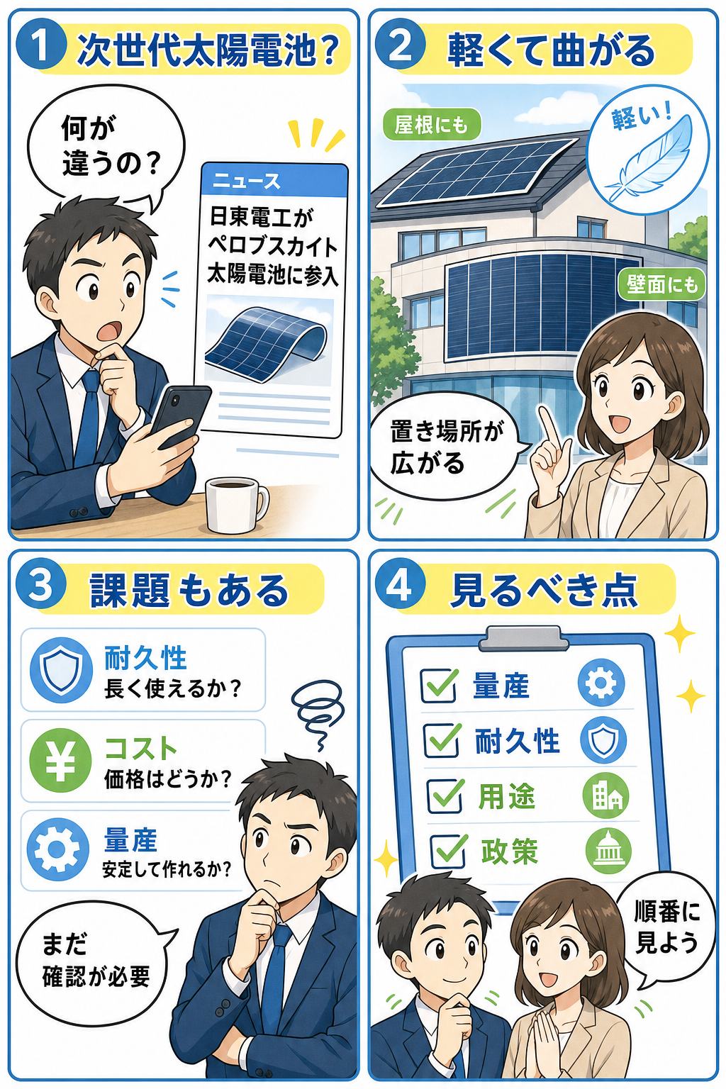 ペロブスカイト太陽電池の特徴と論点を4コマで整理した図解