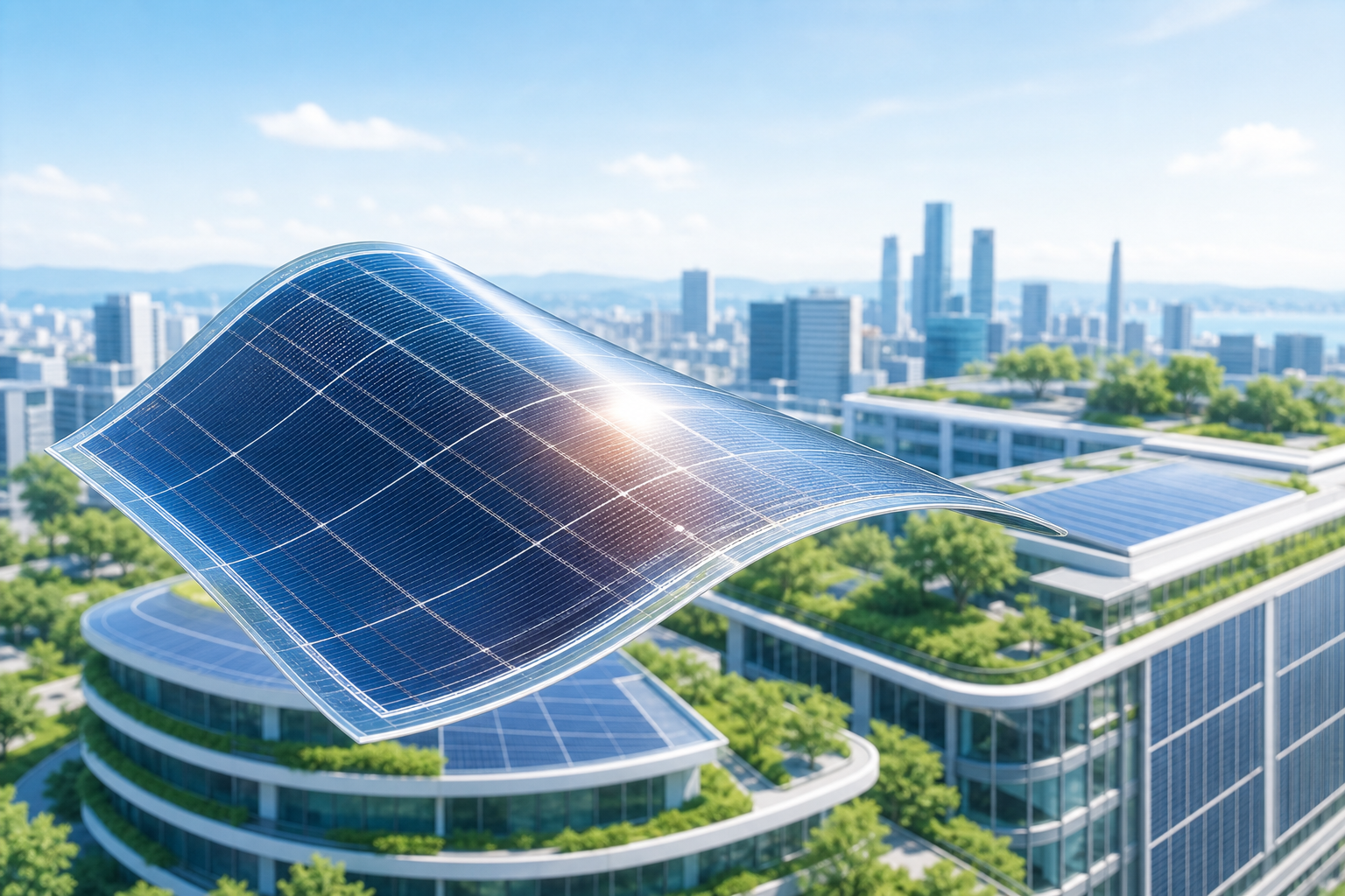 都市の建物とフィルム型ペロブスカイト太陽電池のイメージ