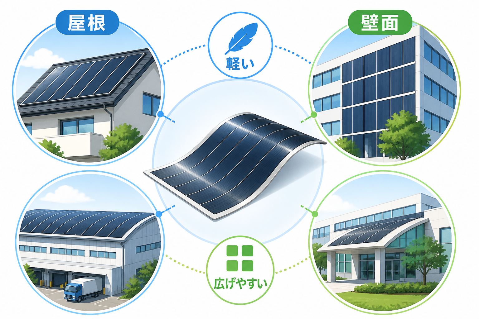 フィルム型太陽電池の設置先とメリットを整理した図
