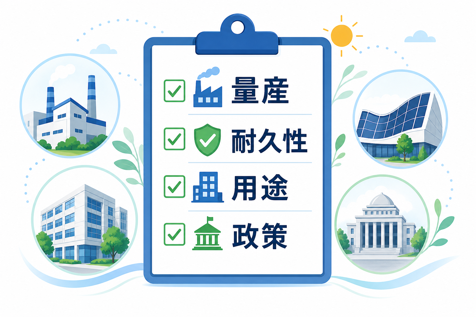 ペロブスカイト太陽電池の確認ポイントを整理したチェックリスト図
