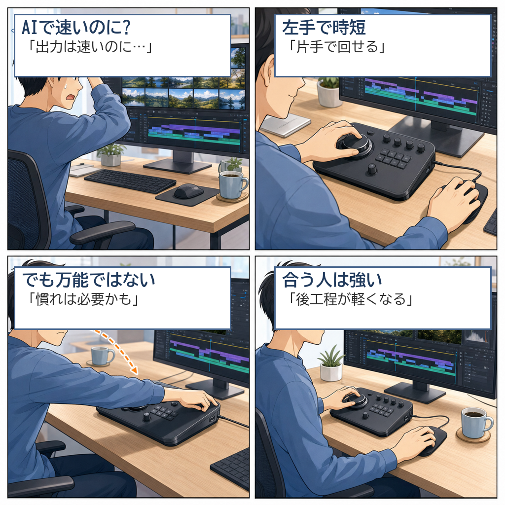 Pilot Proと編集作業をテーマにした4コマ漫画