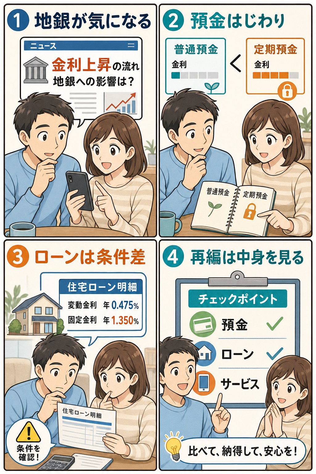 地銀店舗と家計の視点を4コマで整理した漫画