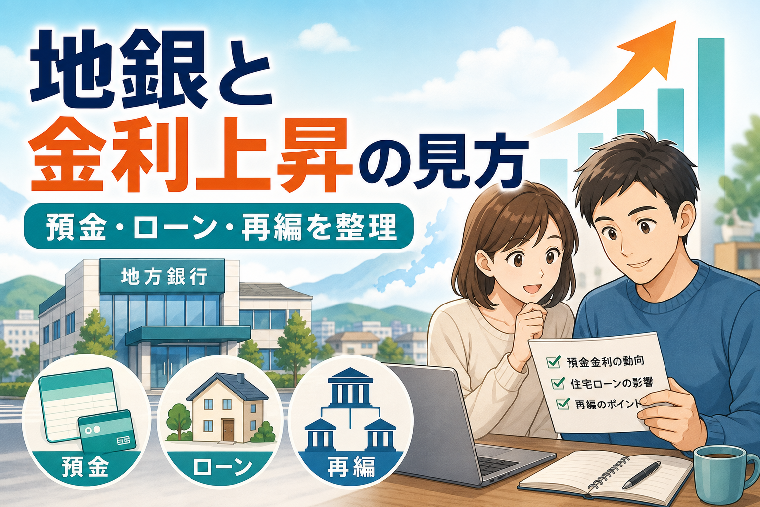 地銀と金利上昇の見方を示すアイキャッチ