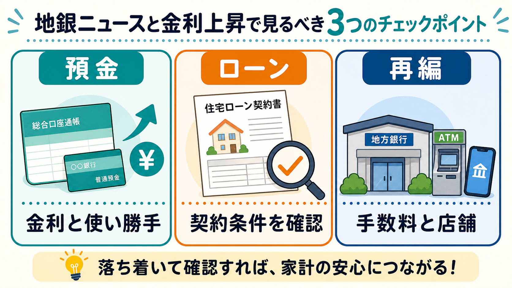 預金金利と住宅ローン金利と再編の見どころを3項目で示す図解