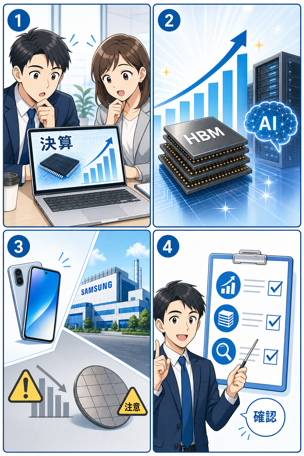 サムスン決算とAIメモリー需要を4コマで説明する図