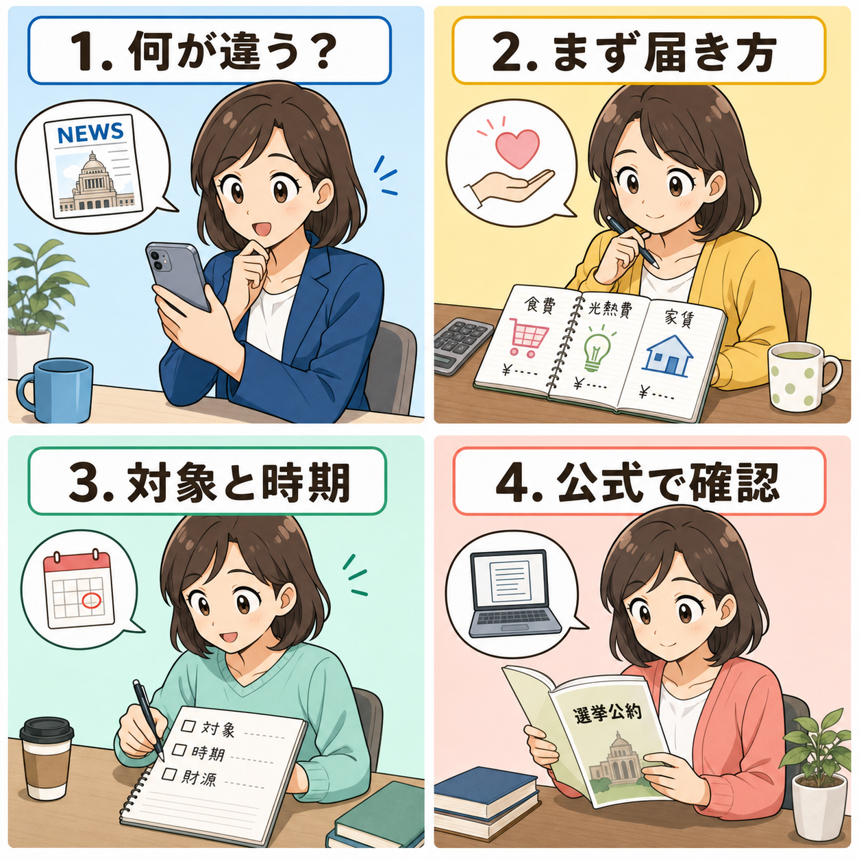 参院選の公約で消費税と給付金の違いを家計目線で整理する4コマ漫画